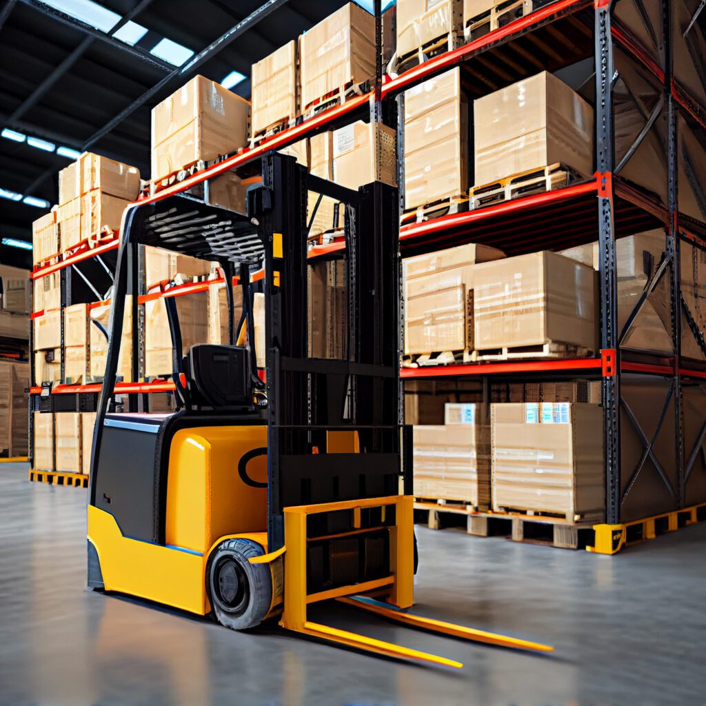 Pallets and cartons are stacked by an automatic forklift futuris